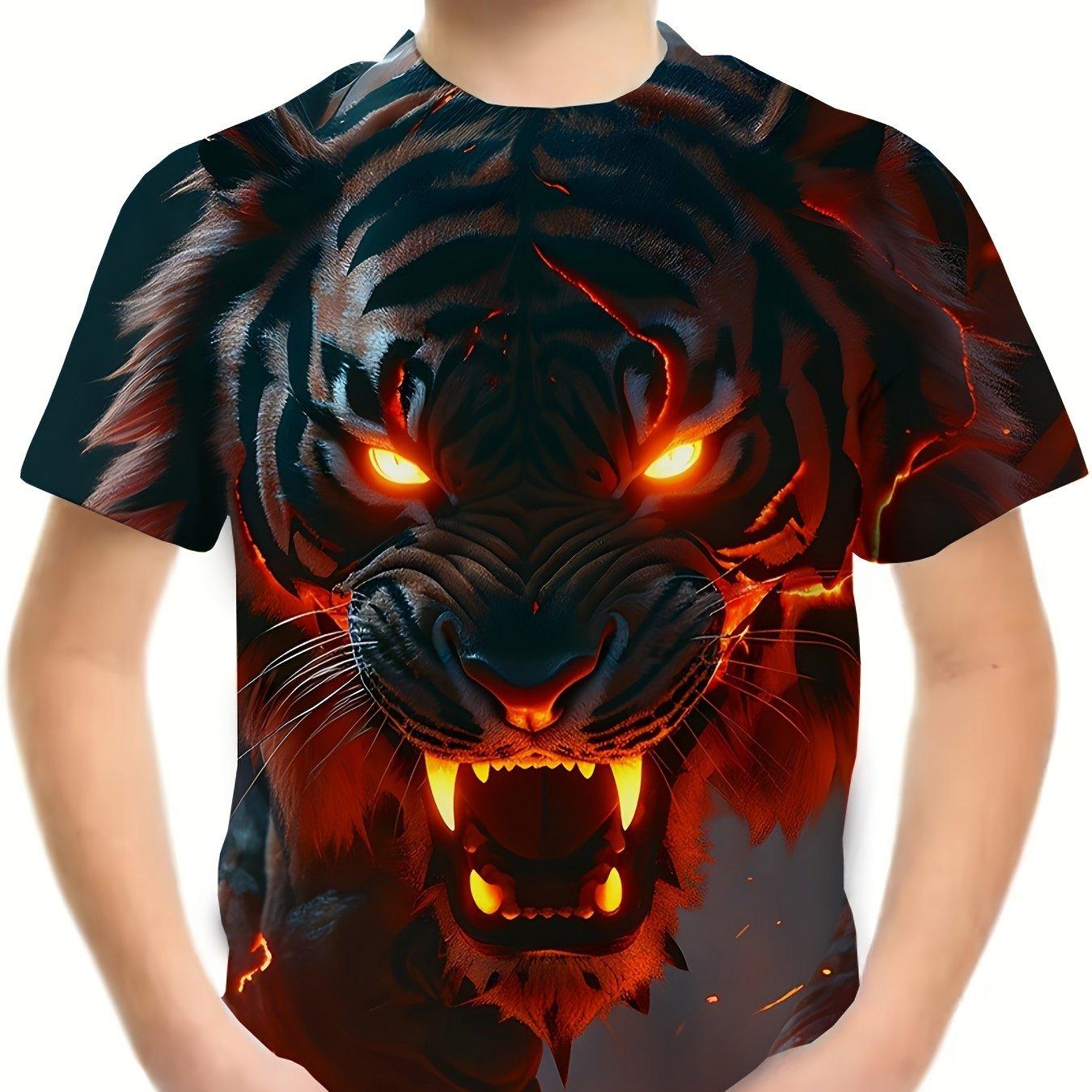 Kinderkleidung Jungen T-Shirt Kurzarm Stilvoller 3D Tiger Print Kinder Sommerkleidung Cartoon Lässige Rundhals Mädchen Kleidung 140 black