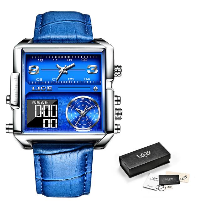 LIGE Top Marke Luxus Herren Uhren Quadratische Digitale Sport Wasserdicht Männer Quarz Armbanduhr silber/blau