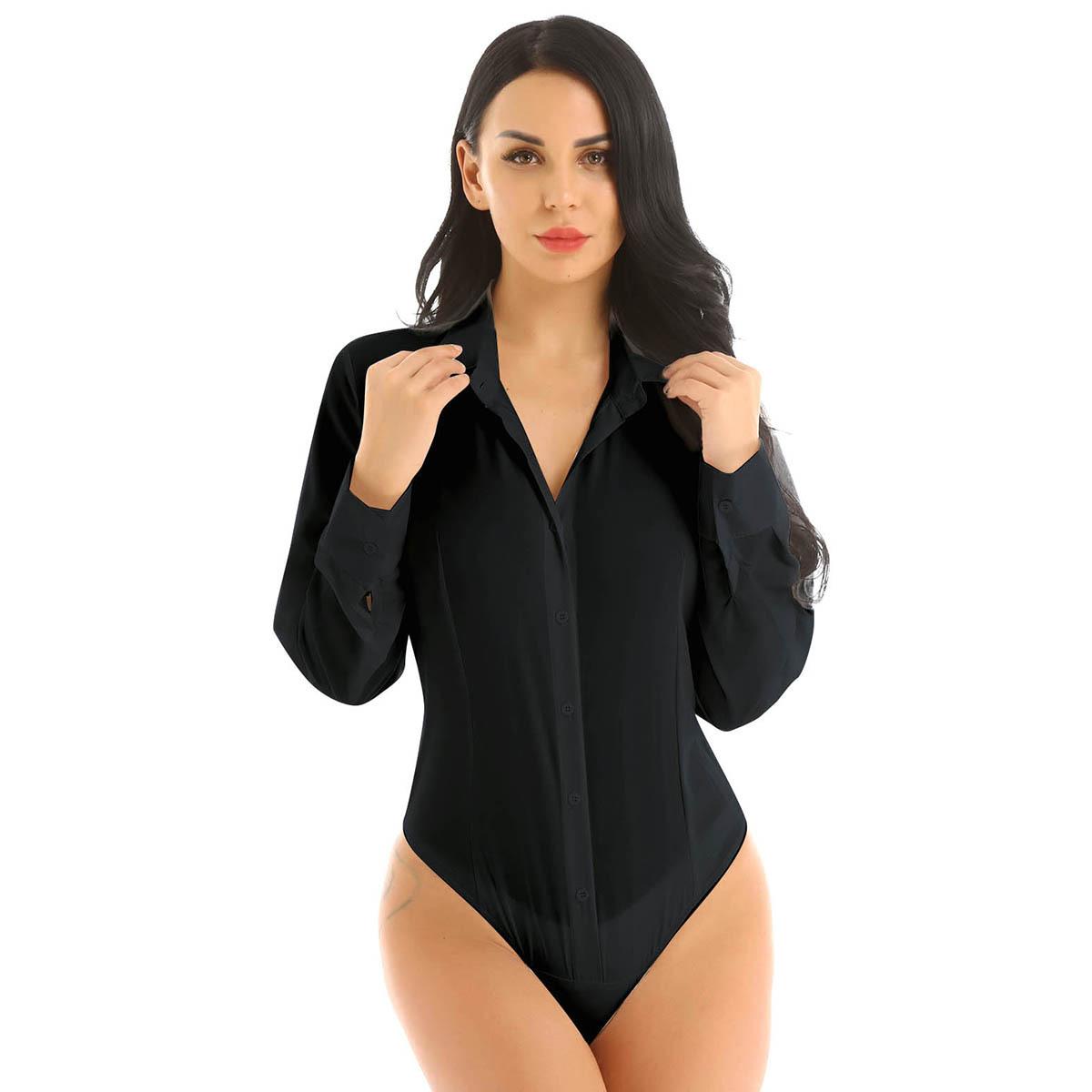 Einteiliges einfarbiges Bodysuit-Shirt für Bürodamen, Arbeitskleidung, Bodysuit-Shirt, schmales Shirt M schwarz