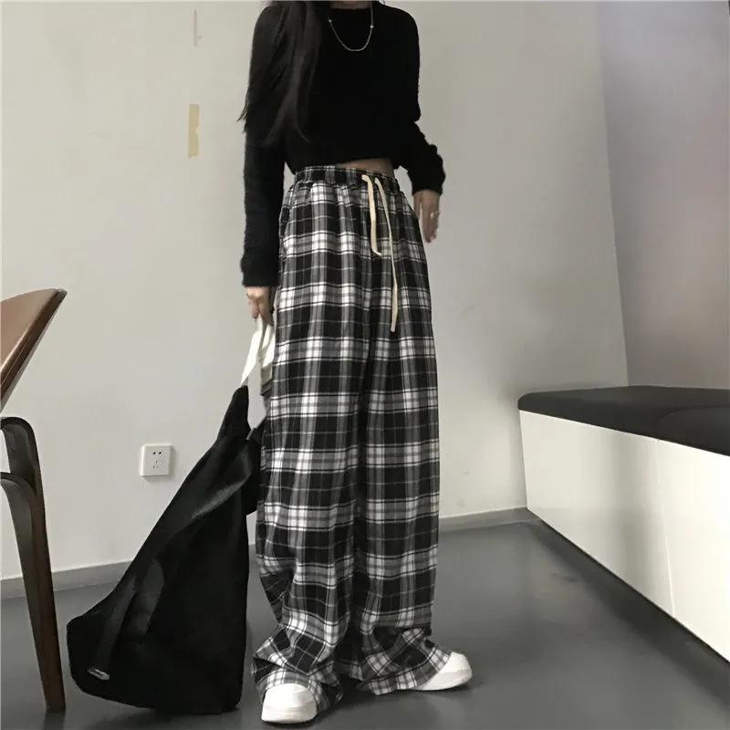 Schwarz-Weiß Karierte Hose Damen Lässig Locker Weitbein Hose Retro Gerade Hose Hip Hop Streetwear Übergröße XL schwarz