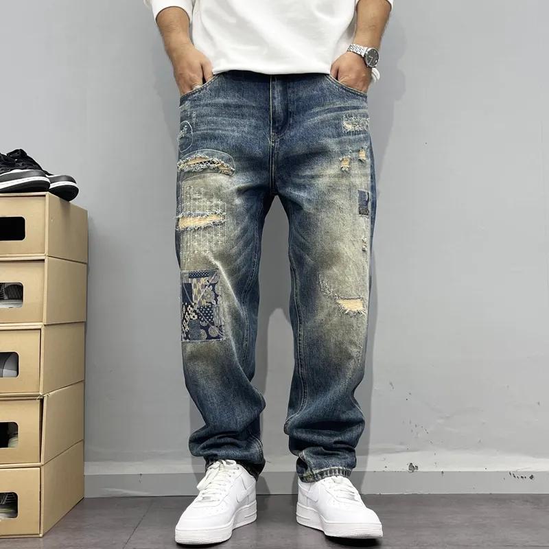Baggy Jeans Vintage Distressed Patchwork Jeans Herren Straight Loose High Street Hip-Hop Lange Hose Herrenbekleidung Jeans für Mann 30 blau