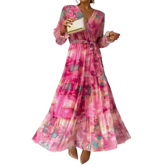 Frauen Abendkleid Patchwork V-Ausschnitt Schnürung Taille Bohemian Style Laterne Ärmel Plissee Chiffon Bunter Druck A-Linie Big XL rose rot