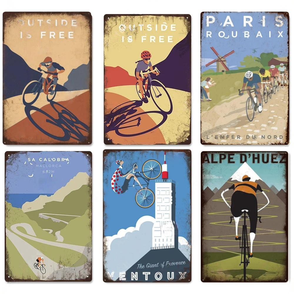 D Flaches Metallschild Vintage Radsport Blechschild Set Retro Fahrrad Tour de France Rennrad Rennrad Wandkunst Dekor 20x30cm(7.8x11.8inch)