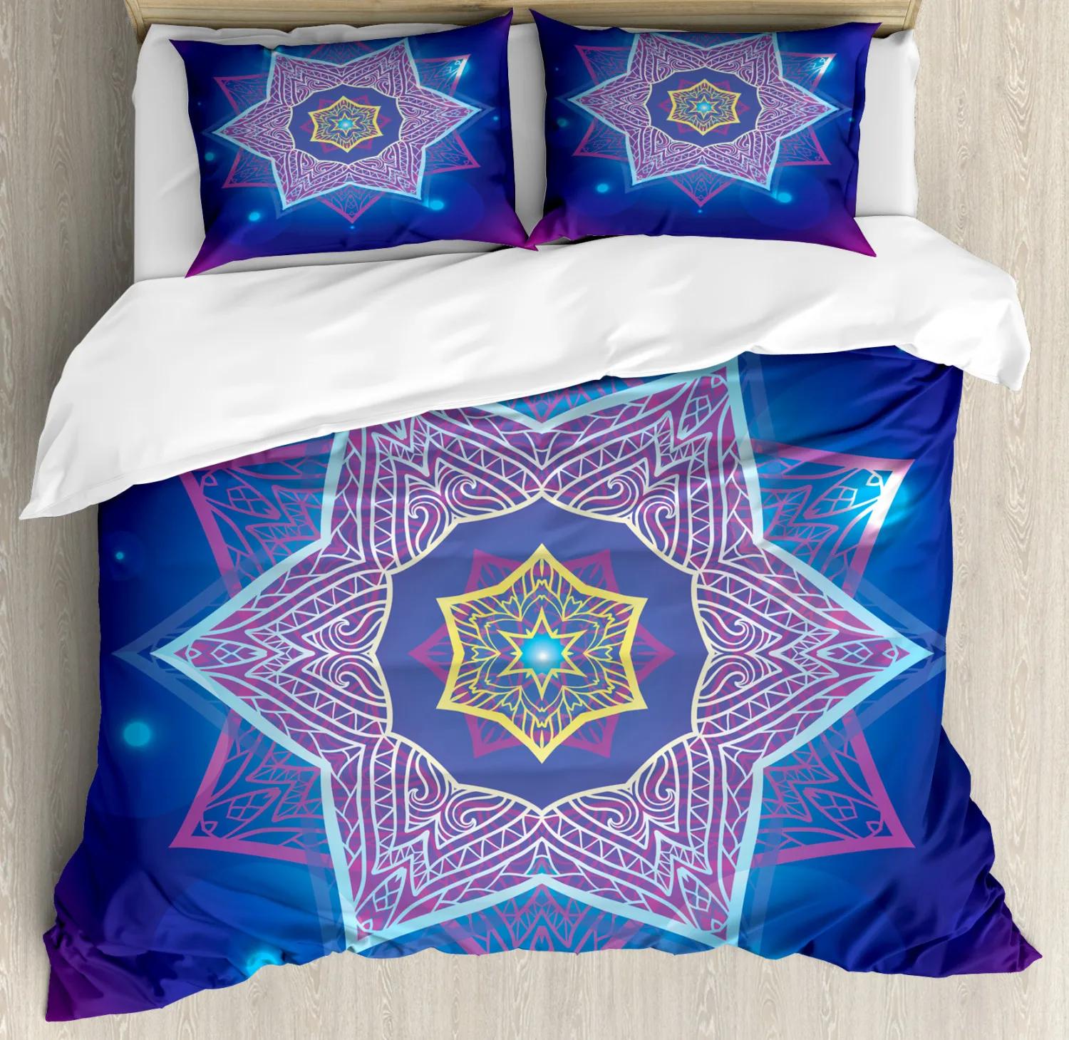 Mandala-Bettbezug-Set, Boho-Stil, ethnisch, bunt, Frühlingsgarten-Thema, mehrfarbig, Polyester-Bettwäsche-Set, Doppelbett, Queen-Size-Bett, King-Size-Bett EU single(135x200cm)