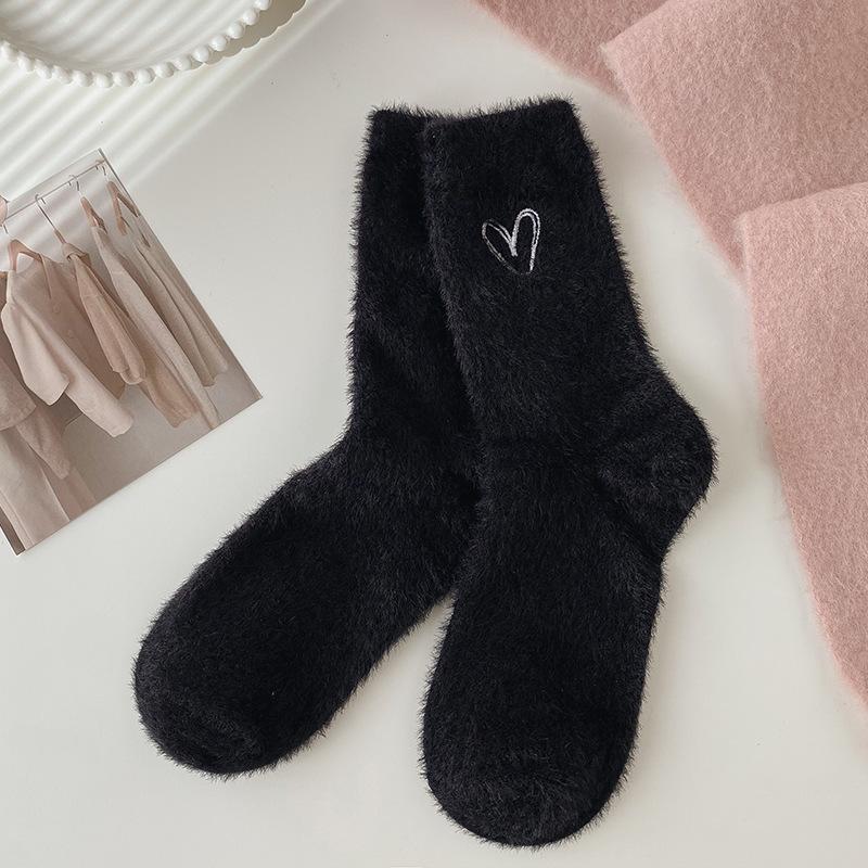 Damen Herbst und Winter Mitte Wade Verdickt Warm Nerz Samt Flor Socken Einfarbig Bestickt Home Boot Socken Socken one size schwarz