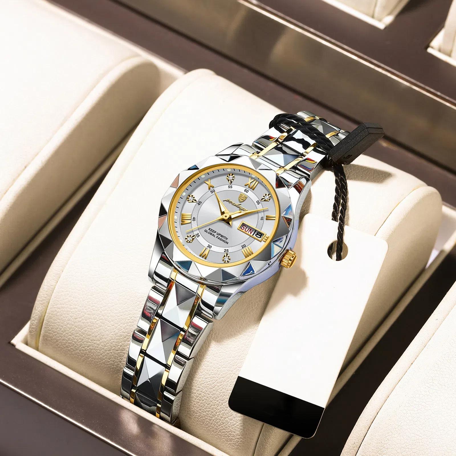 POEDAGAR Elegante Quarz Damen Armbanduhr Auto Datum Top Marke Original Uhr Für Frauen Luxus Wasserdicht Leuchtende Handgelenk Uhren weiß/gold