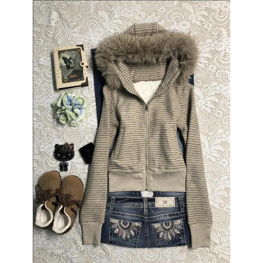 Punk Mantel Y2k 2000er Vintage Kunstpelzkragen Kapuzenpullover Reißverschluss Damen Sweatshirts Goth Streifen Heißes Mädchen Mantel Herbst Winter Jacken Hip Hop Jacke XXL apricot