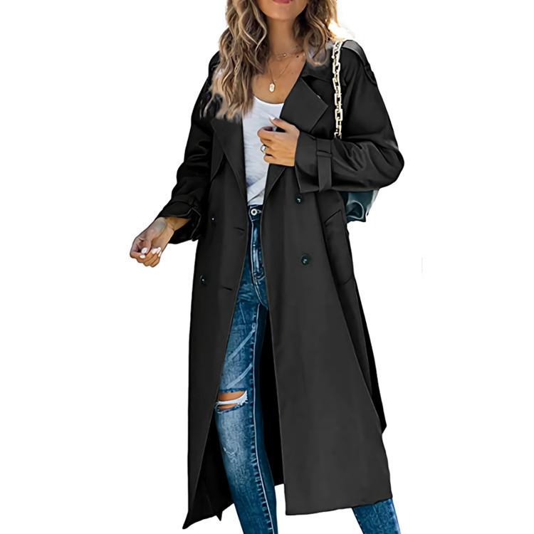 Damen Vintage Langer Trenchcoat Klassischer Zweireihiger Revers Langarm Winddichter Mantel mit Gürtel Elegante Jacken Streetwear XS schwarz