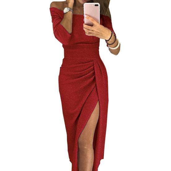 Damen formelles Kleid glänzende helle Oberfläche schulterfrei sexy Kleid plissiert hohe Taille Dame Schlitz Bodycon Kleid für Party Bankett Hochzeit 3XL rot