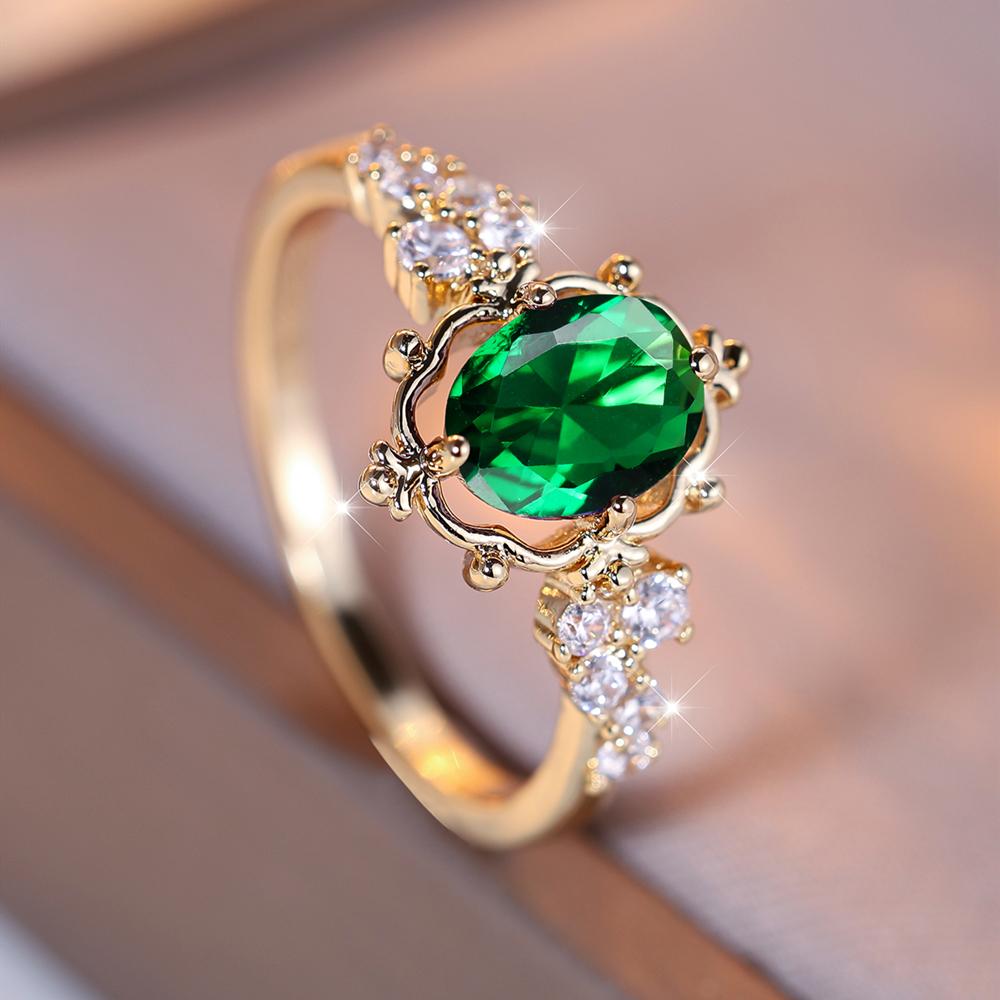Luxus Kristall Rosa Zirkon Oval Stein Blume Ringe für Frauen Vintage Rose Gold Farbe Hochzeit Band Braut Schmuck Engagement Geschenk 6 grün/gold
