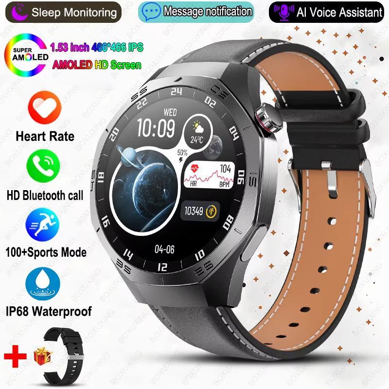 Neue Smartwatch Herren NFC HD AMOLED Bildschirm GPS Bewegungsbahn Herzfrequenz Bluetooth Anruf Sport Smartwatch IP68 Kabelloses Laden Leather schwarz