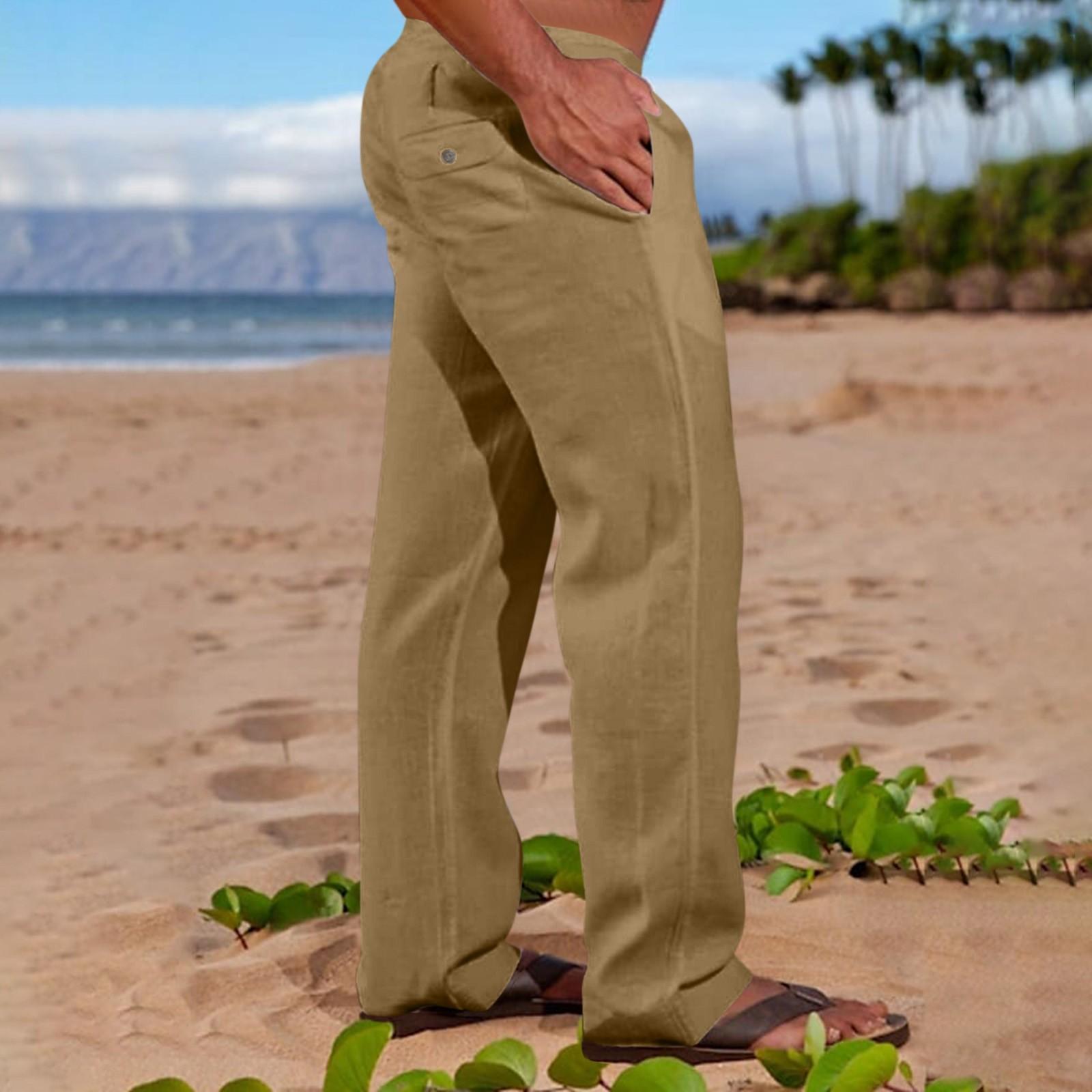 Herrenmode, lässig, Baumwolle, lässig, leicht, Hanf, Kordelzug, einfarbig, Strandhose XL gelb