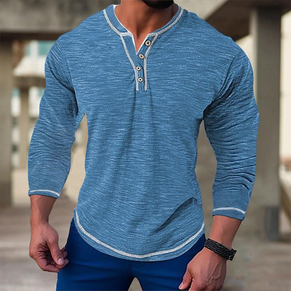 Herbst Baumwolle Langarm T-Shirts für Männer Pullover Casual Herren Sweatshirts Elastische V-Ausschnitt Button Up T-Shirts Männlich XXXL blau