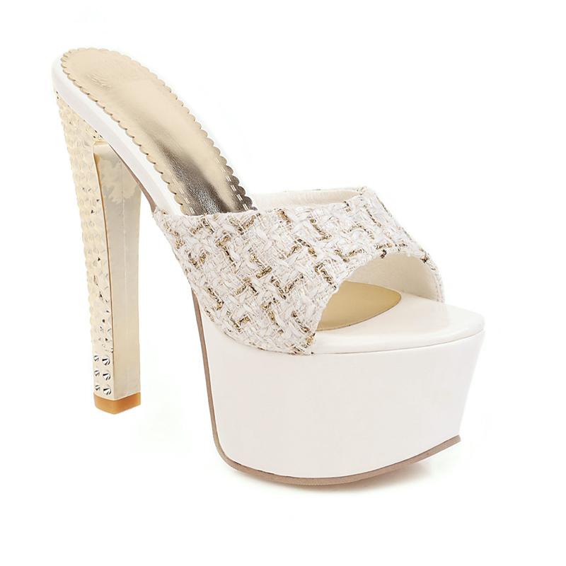 Mode Sexy Sommer Pantoletten Schuhe Frau Hausschuhe 15cm Extreme High Heels Dame Slides Luxus Stiletto Heels Plateau Sandalen Große Größe 45 45 weiß