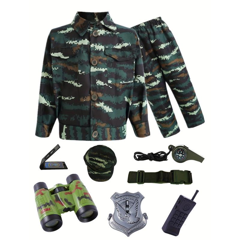 Kinder Soldatenkostüm für Kinderparty Armee Kostüm Tarnfarben Kostüme für Jungen Dschungel Feld Scharfschützen Set mit Pistole Kompass Pfeife 140 gray