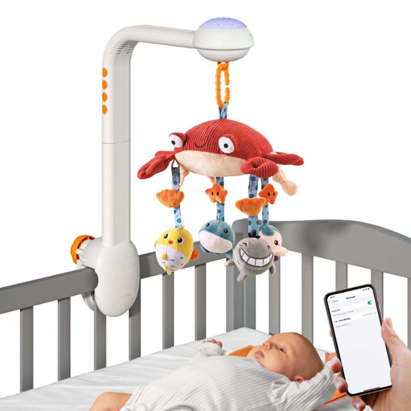 Multifunktionale Krabbe, Musikalisches Babybett, mobiles Spielzeug, Sternenprojektor, Licht mit 360 Grad drehbar, niedlich bunt