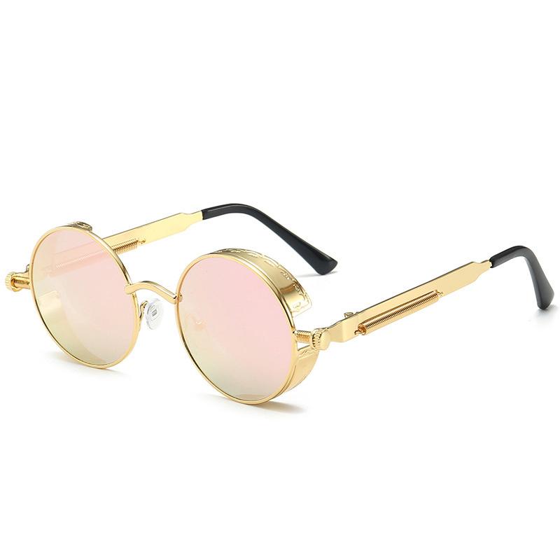 Klassische Gothic Steampunk Sonnenbrille Luxus Hochwertige Retro Sonnenbrille mit rundem Metallrahmen für Männer und Frauen, nicht polarisierte Brille rosa/gold