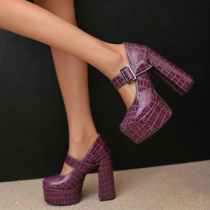 Frauen Mary Jane High Heels Schuhe Plattform Chunky Heels Damen Pumps Party 38 violett