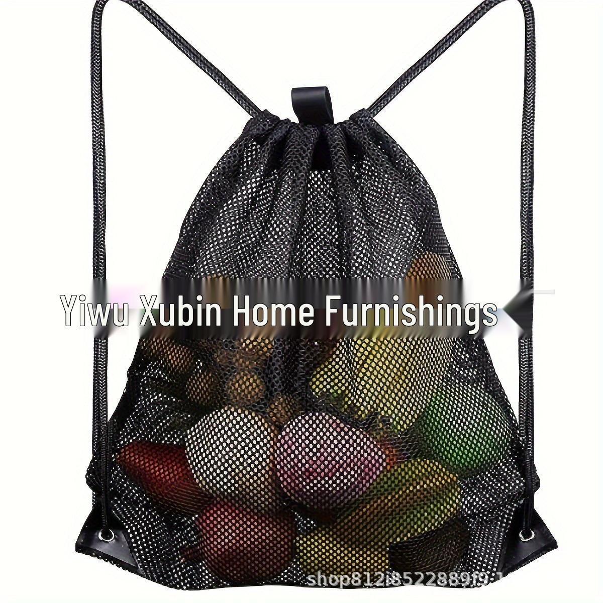 Tragbare Netzbeutel mit Kordelzug für Lebensmittel, Strandkleidung, Fitnessausrüstung und Wäsche. schwarz