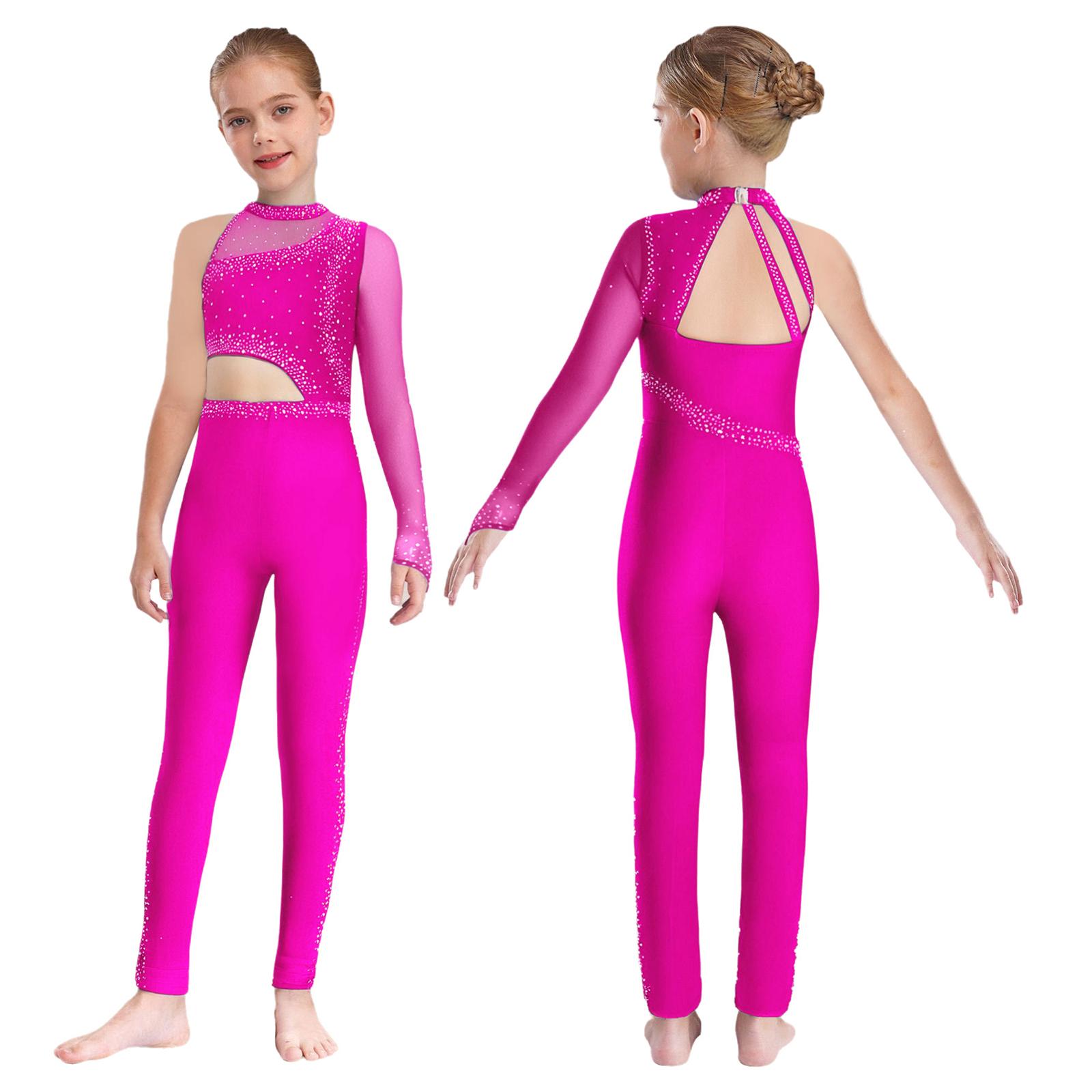 Mädchen Ein-Schulter-Gymnastik-Jumpsuit Durchsichtiges Netz Funkelnde Strasssteine Ganzkörper-Leotard Ballett Eiskunstlauf Unitard Kostüme 13-14 Years heißes rosa