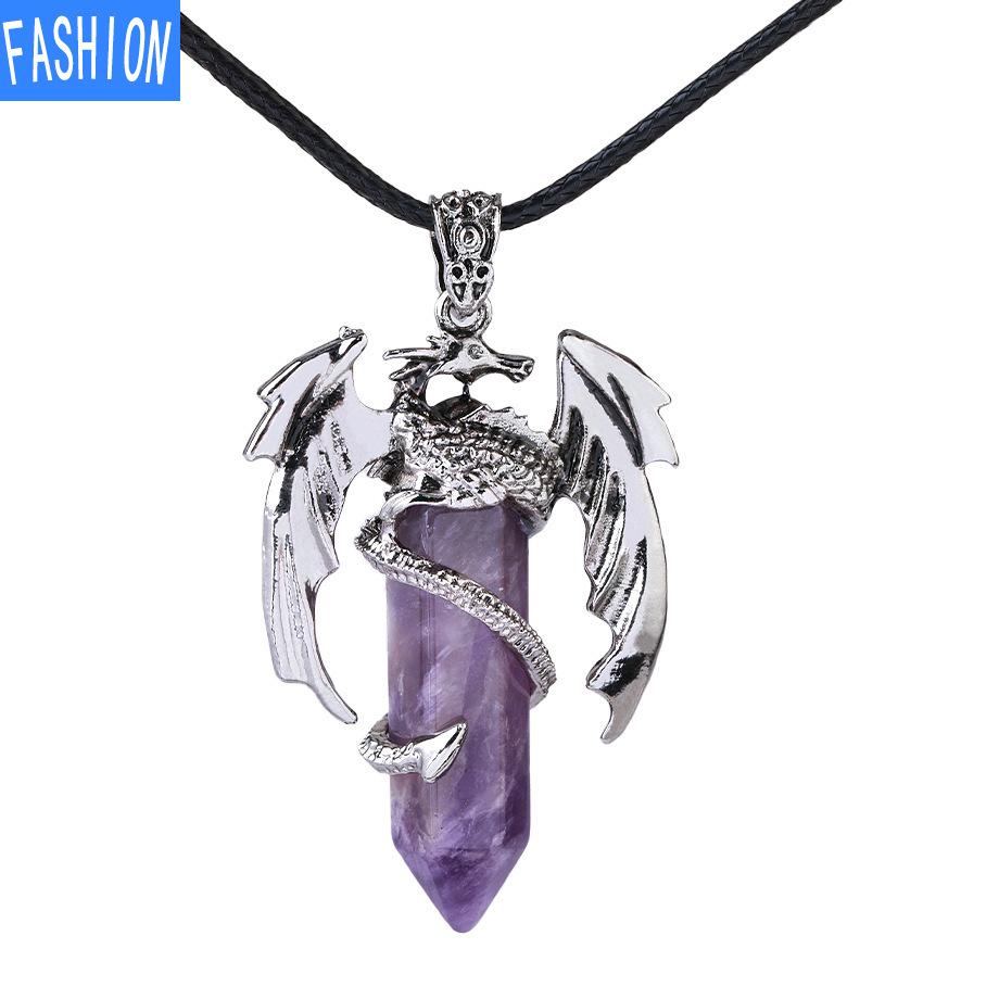 Drachen-Anhänger-Halskette für Männer und Frauen, coole Heilkristall-Amethyst-Halskette, natürliche Rosenquarz-Halskette, westlicher Drachen-Schmuck Amethyst