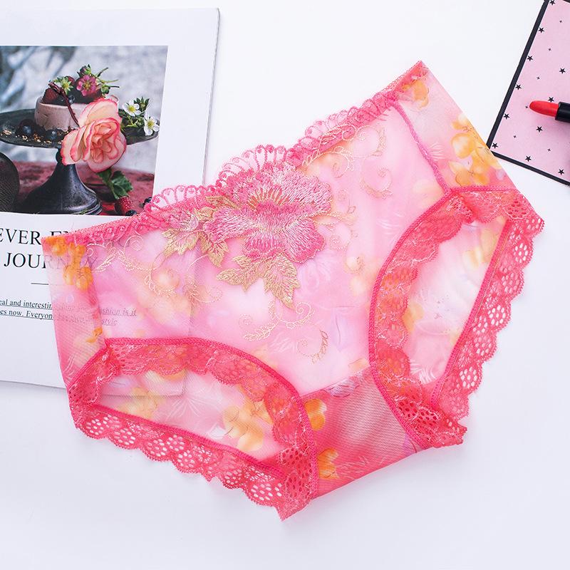 Spitze Unterwäsche Sexy Mittlere Taille Atmungsaktive Mesh Stickerei Hohl Große Größe Transparent Damen Unterwäsche M rose rot