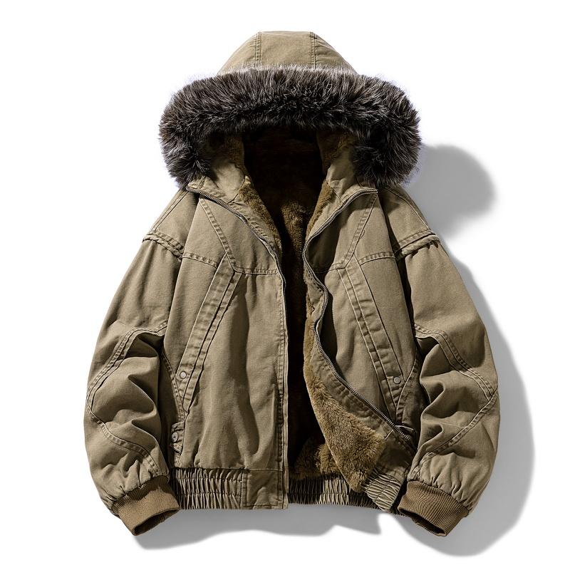 Baumwolljacke mit übergroßem Fellkragen, Herren-Baumwolljacke mit dickem Samt und warmer Daune, Herren-Oberbekleidung, Herren-Großfellkragen XXXXL hellbraun