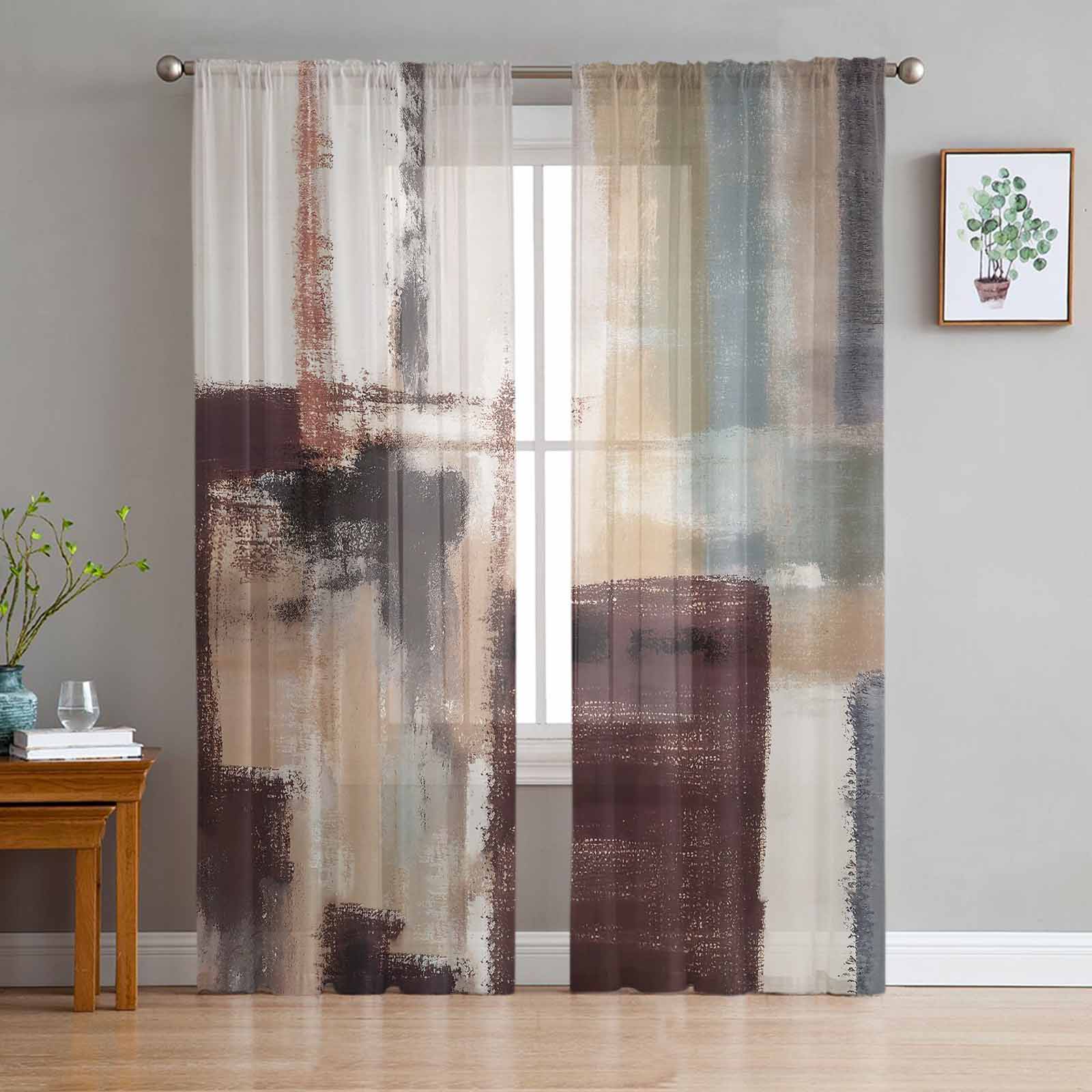 Braune Abstrakte Modernistische Ölmalerei Stil Transparente Vorhänge für Wohnzimmer Dekoration Fenster Vorhänge Küche Tüll Voile Vorhänge W135 x H137cm x1 gray