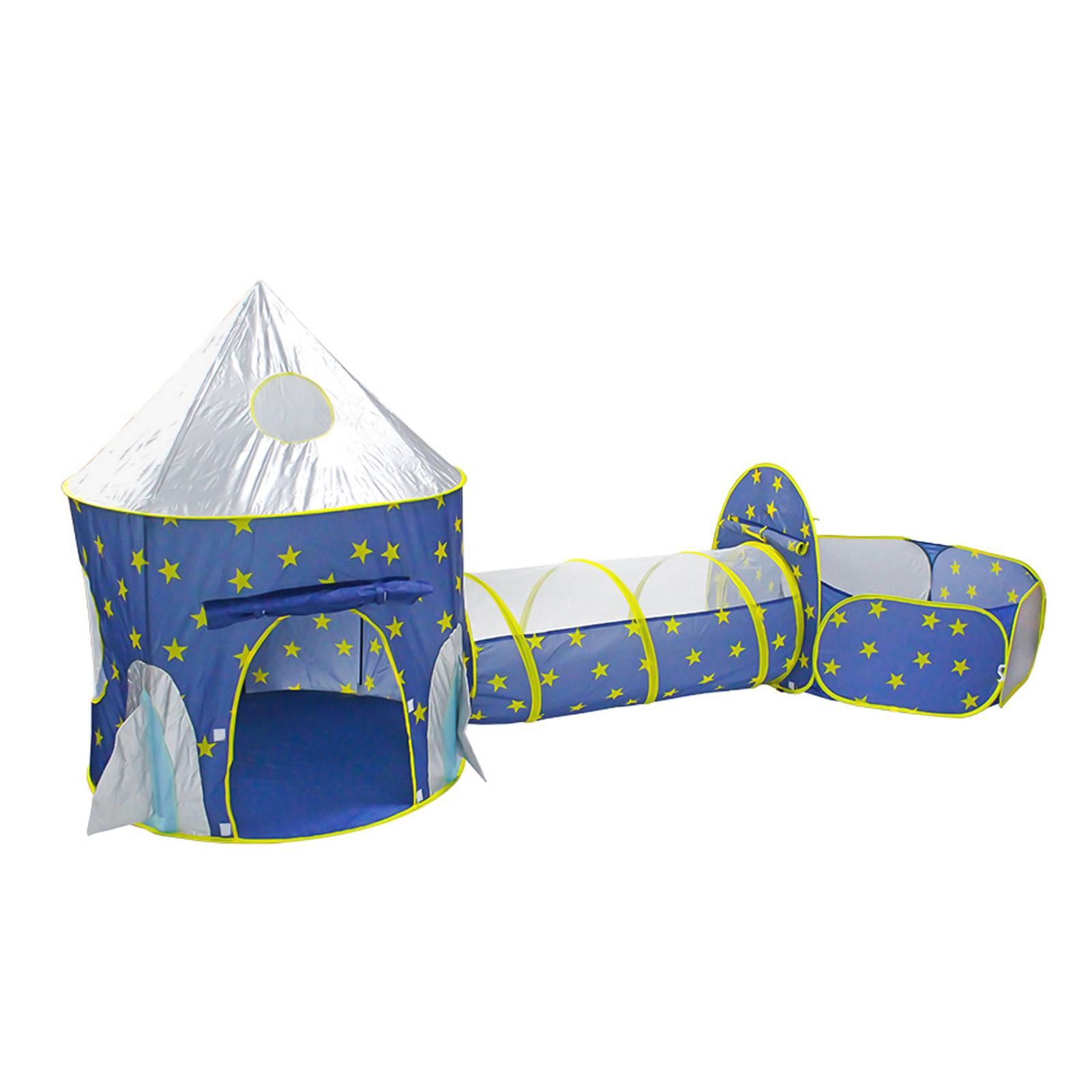 3-in-1-Kinderspielzelt, Krabbeltunnel und Bällebad mit Basketballkorb, Raketen-Weltraumzelt für Kinder blau