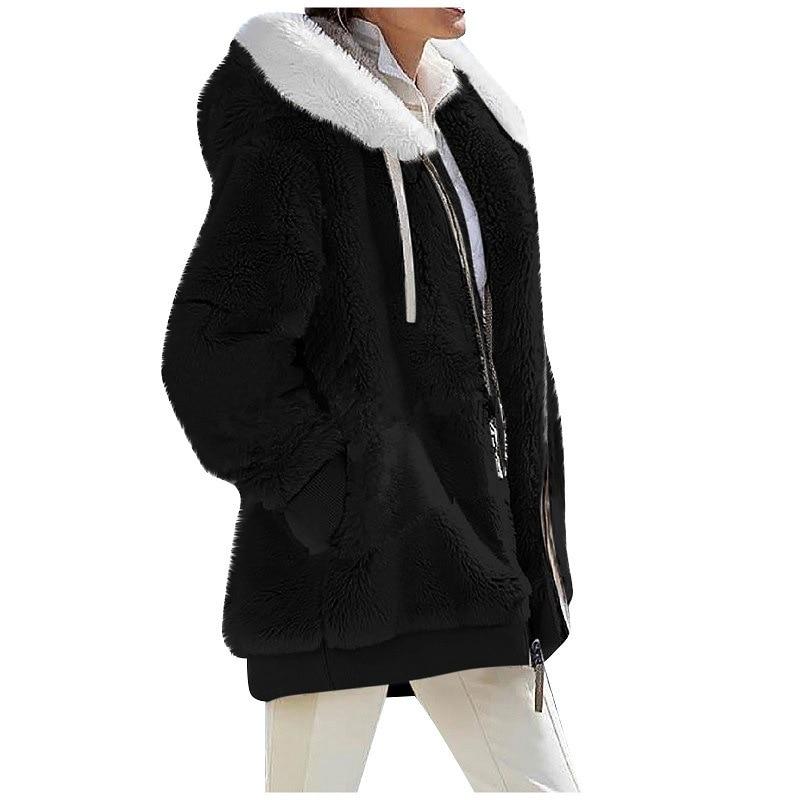 Winter Mode frauen Mantel Neue Casual Hooded Zipper Damen Kleidung Kaschmir Herbst Frauen Fleece Jacke Einfarbig Damen Mäntel XXXL schwarz