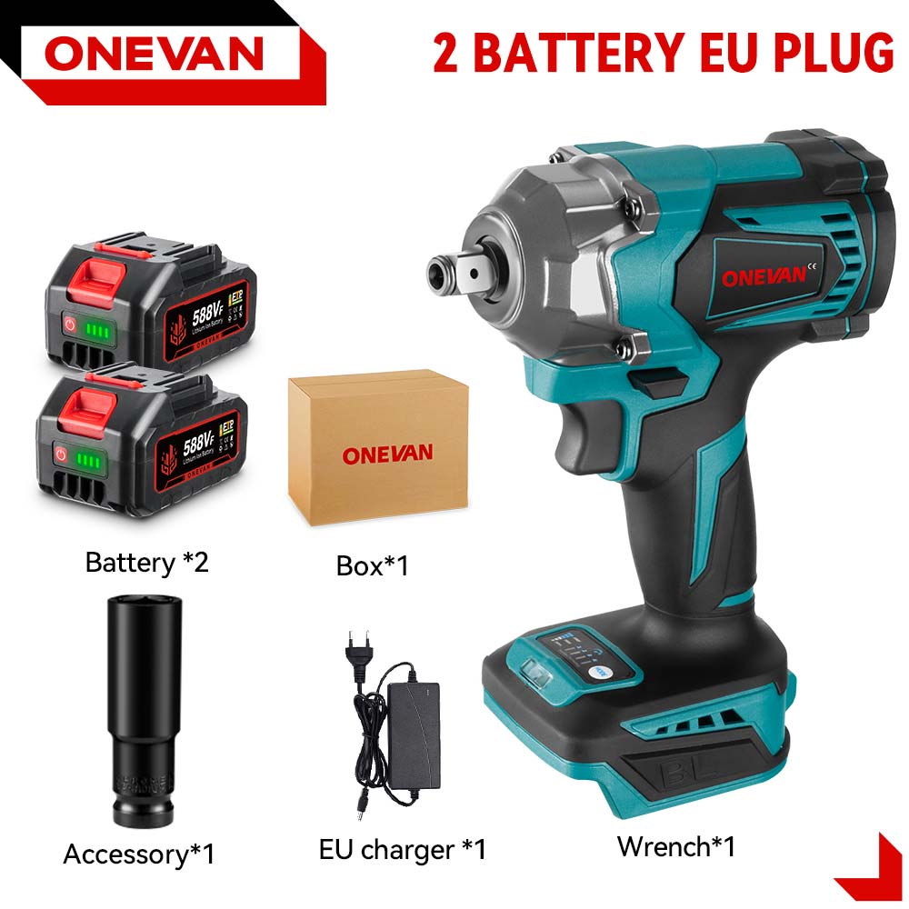 ONEVAN 1200 N.M Bürstenloser elektrischer Schlagschrauber, 3 Funktionen, 1/2 Zoll Akkuschrauber, elektrische Bohrmaschine für Makita 18 V Akku 2 Battery Set