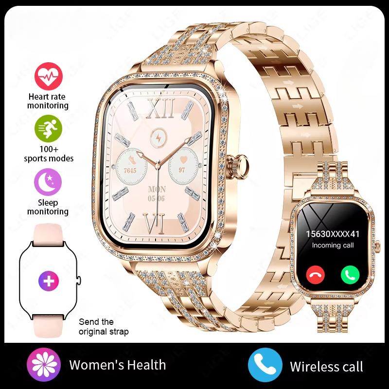 2025 Neue Smartwatch Damen 1,75 HD-Display Herzfrequenzmesser IP68 Wasserdicht Sport Fitness BT Anruf Smartwatch Für Dame Geschenk Steel Belt gold