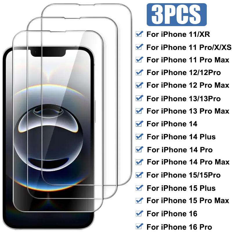 3 STÜCK Gehärtetes Glas für iPhone 16E 16 15 14 13 Pro Max Mini 15 Plus Displayschutzfolie für iPhone 11 12 Pro X Xr Xs Max Glas iPhone 17 pro max reinfarbig