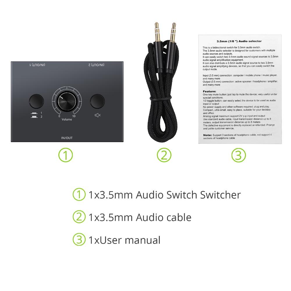 2-Wege-Bidirektionaler Audio-Umschalter, HiFi-Stereo-Audio-Umschalter, Splitter, 3,5-mm-Klinke, 2x1/1x2-Umschalter, AUX-Kopfhörer-Umschalter mit Ein-Tasten-Stummschalttaste