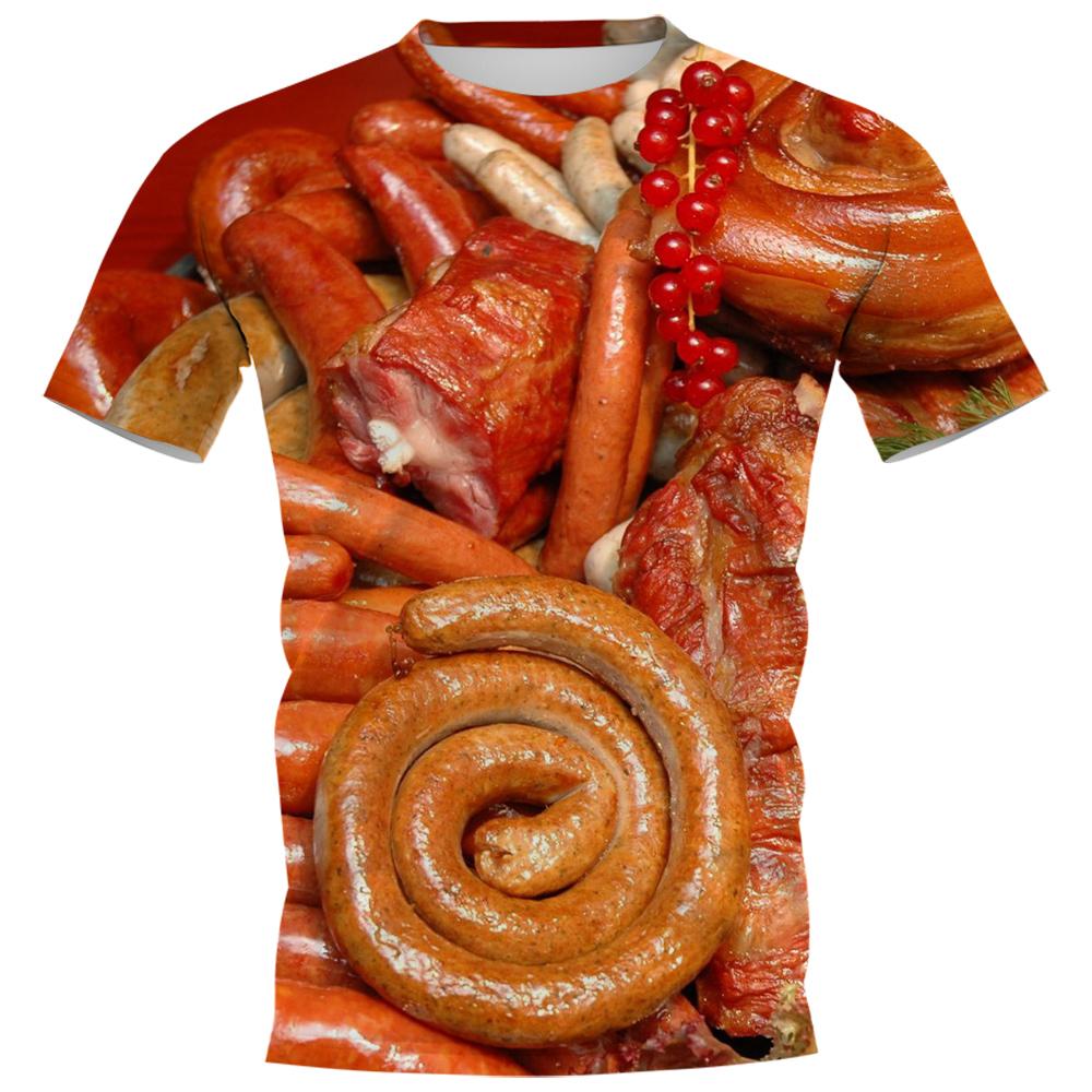 HX Yummy Food T-Shirts 3D-Grafik Delikatesse Gegrillte Würstchen Pullover Polyester Alle bedruckten T-Shirts Harajuku Herrenbekleidung L grau