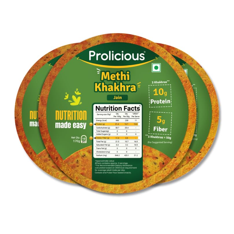 Prolicious Protein Methi Khakra | KEIN Palmöl | Hoher Protein- & Ballaststoffgehalt | Geröstet & Knusprig | Verzehrfertig | Geschmackvoll | Gesunder Teezeit-Snack