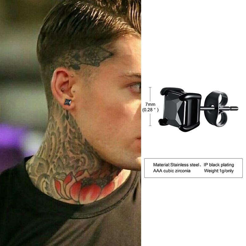 Herren Ohrringe, Quadratischer Zirkonia Stecker, Prinzessschliff Ohrringe, Edelstahl Schmetterling Stecker Ohrringe, Herrenschmuck brown