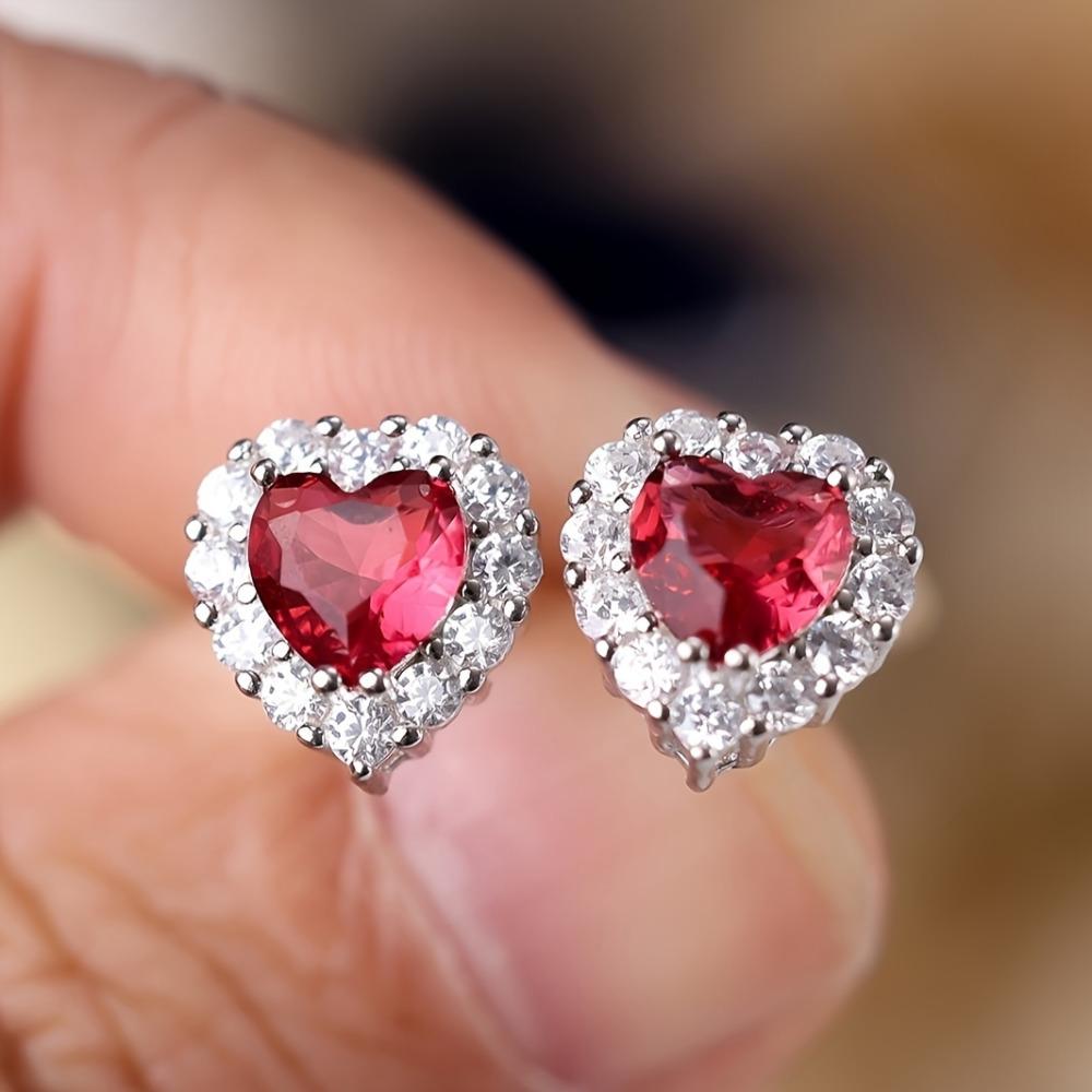 Echt S925 Sterling Silber Aqua Blau Grün Rot Rosa Herz Zirkon Ohrstecker für Frauen Mode Hochzeit Schmuck silber/rot