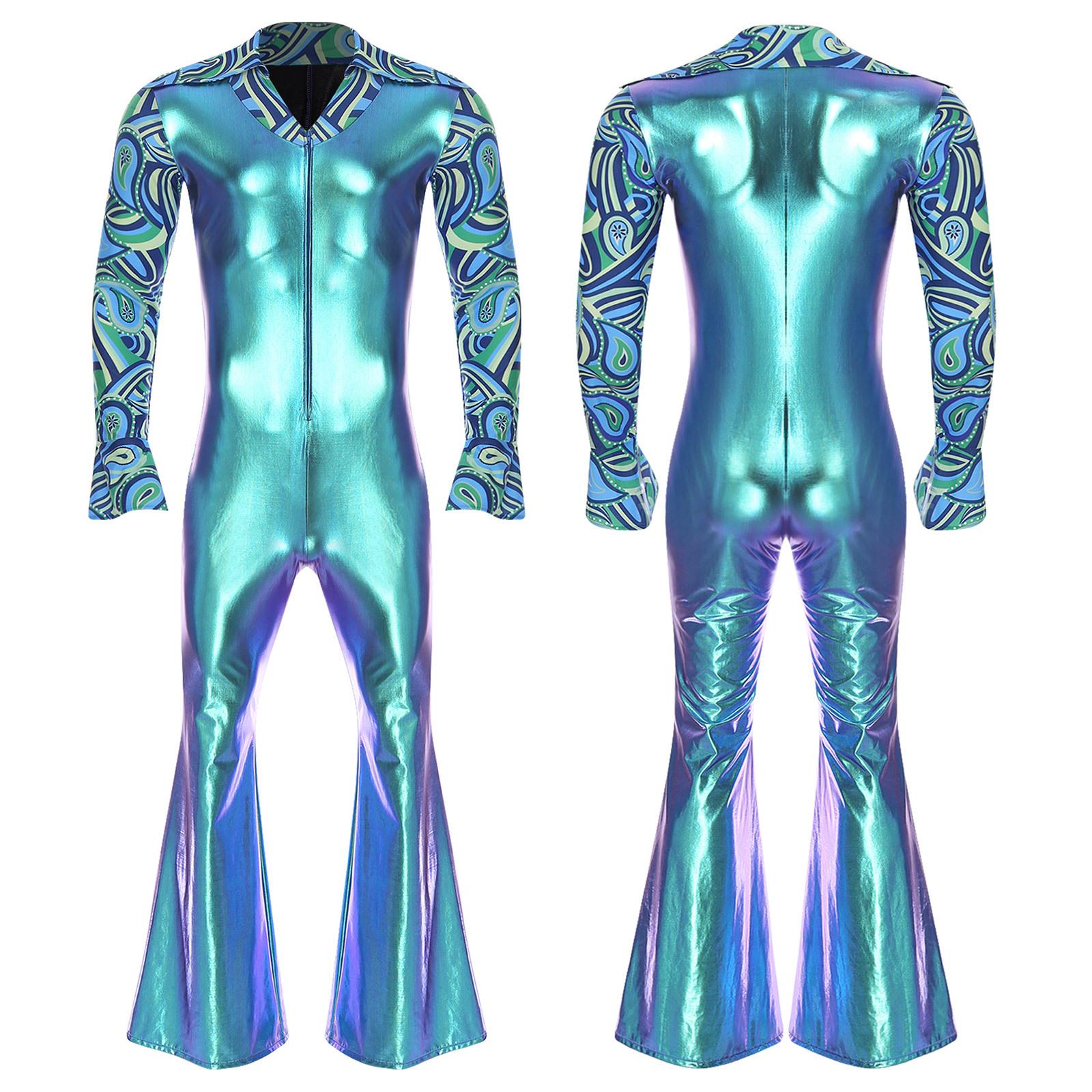 Herren Jazz Dance Performance Kostüme 80er Jahre Disco Cosplay Kostüm Schlaghose voller langer V-Ausschnitt Jumpsuit Strampler S blau