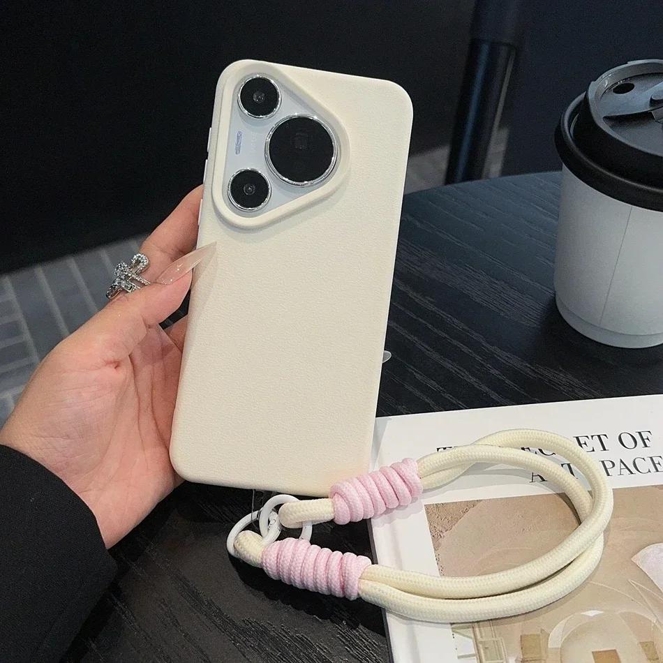 Leder-Handgelenkschlaufe mit Litschi-Muster für Huawei P70 Pura 70 Ultra P60 P50 Pro Mate 40 50 60 Pro Plus Weiche Lanyard-Hüllen Abdeckung For Huawei P70Ultra gray