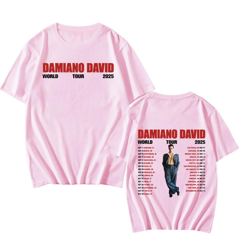 Damiano David T-Shirts Damiano David Welttour 2025 T-Shirt Neues Design Damen Herren T-Shirts Hochwertige Baumwolle Kurzarm Tops M rosa