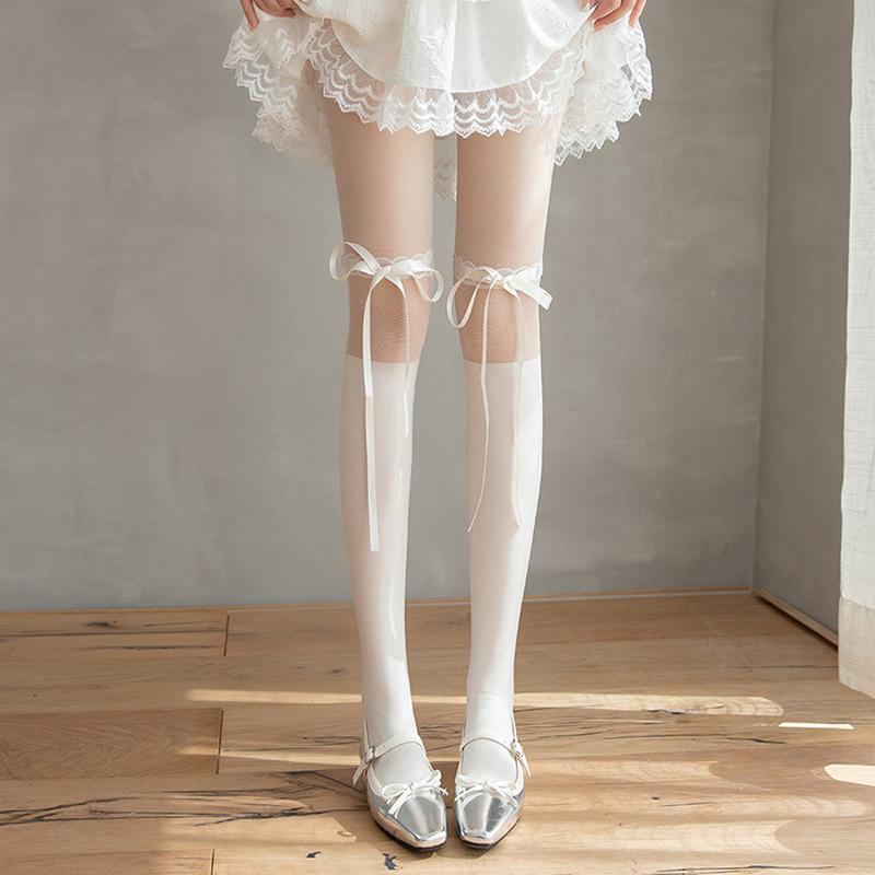 Lolita Strumpfhosen Kawaii Spitze Träger Strumpfhosen Sexy Niedliche Jk Studentensocken Schleife Band Halbtransparent Strumpfhosen Atmungsaktiv Süße Socke One Size gray