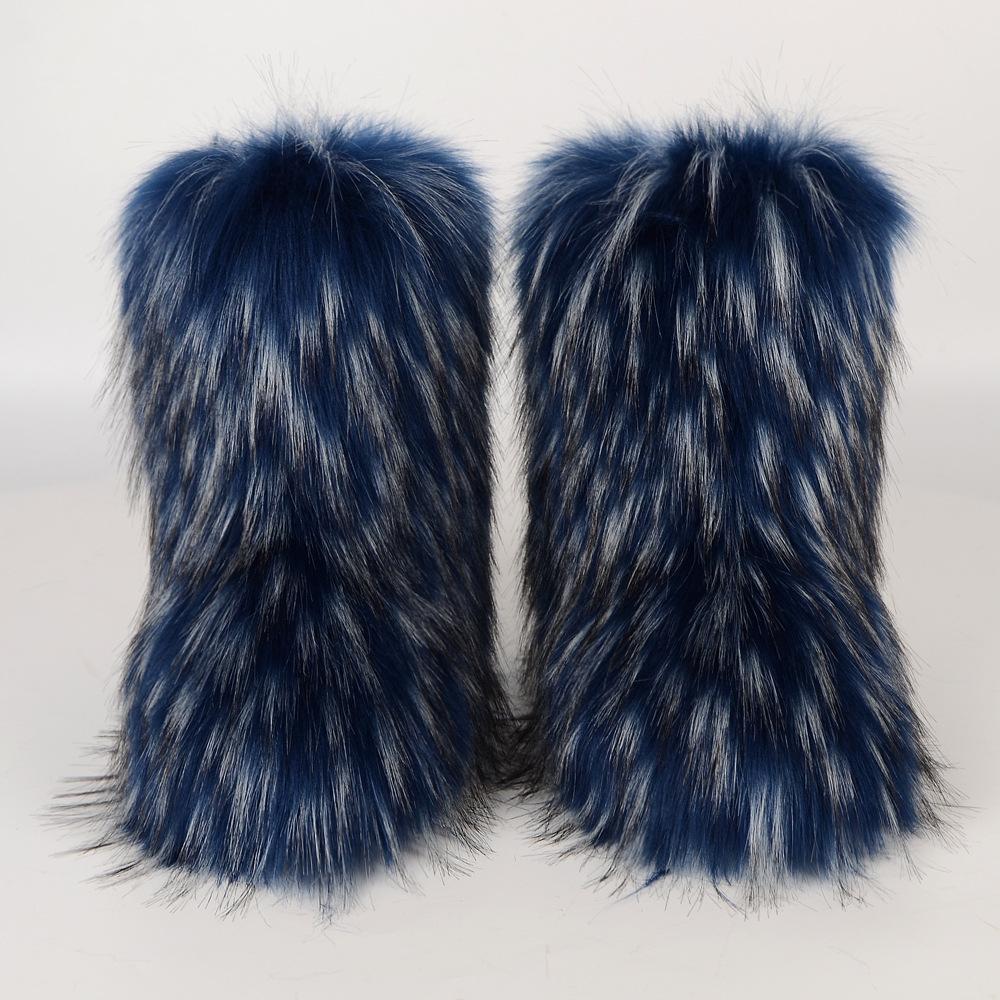 Frauen Neue Winter Pelz Einteilige Nachahmung Waschbären Pelz Warme Schnee Stiefel Pelzigen Schuhe Outdoor Stiefel 39 blau
