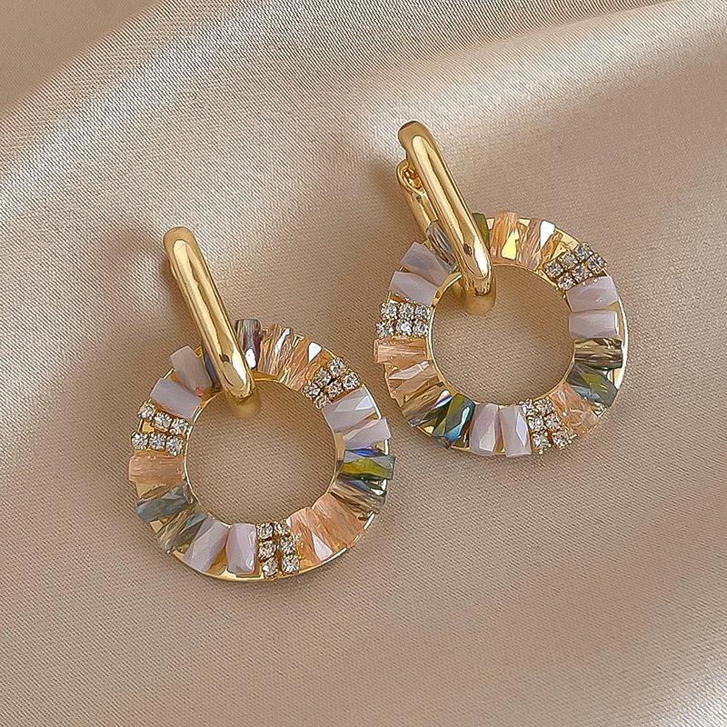 Kreisförmige Ohrringe im Retro-Farbblock-Stil mit eingelegten Steinen, ein Paar stilvolle High-End-Ohrringe aus Metall für Damen 3.7*2.5cm gold