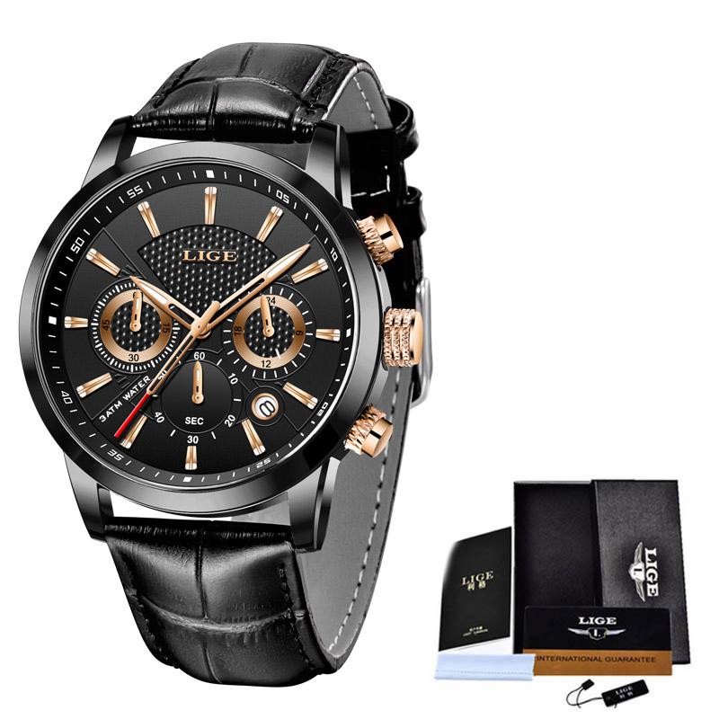 2022 LIGE Herren Uhr Top Marke Luxus Casual Leder Quarz herren Uhr Business Uhr Männlich Sport Wasserdicht Datum Chronograph gold/schwarz