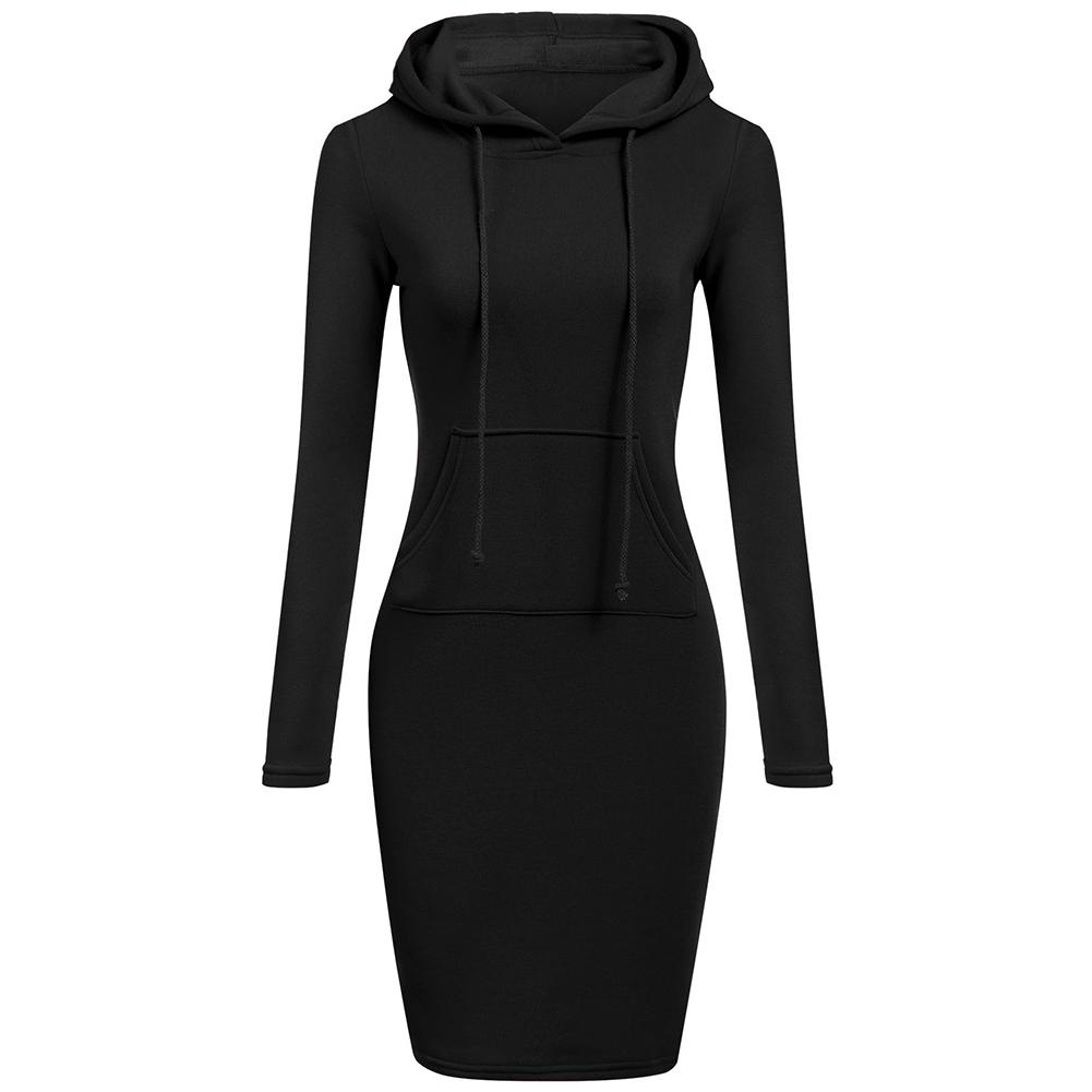 Damenmode, schlankes, langärmliges, festes Bleistift-Hoodie-Kleid mit Kapuze L schwarz