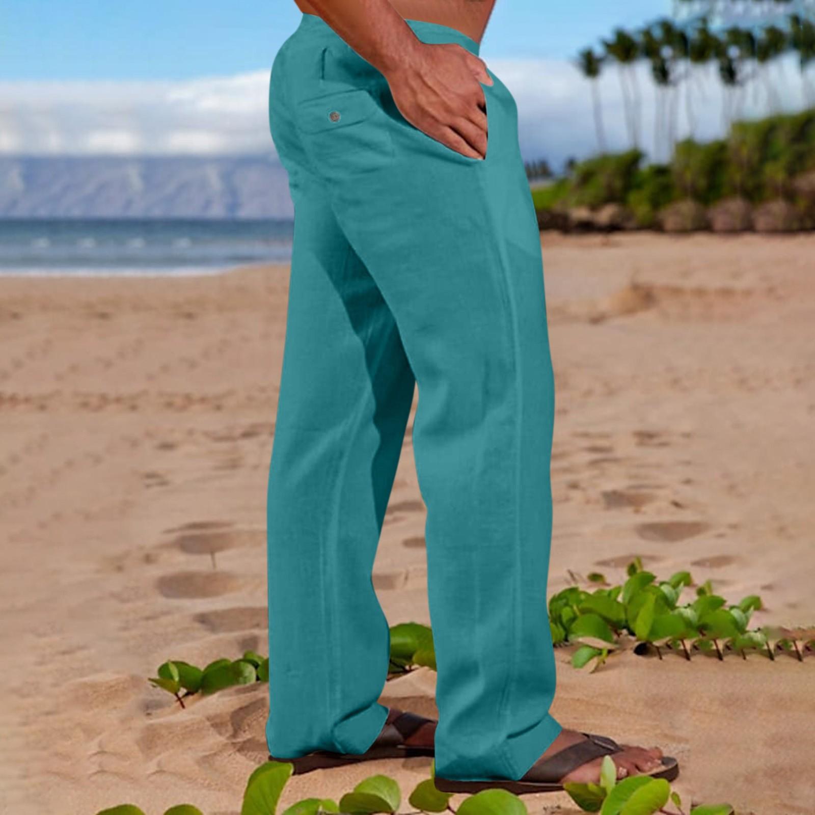 Herrenmode, lässig, Baumwolle, lässig, leicht, Hanf, Kordelzug, einfarbig, Strandhose L cyanblau