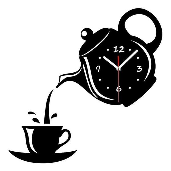 3D-Wanduhr, Acryl-Spiegel, Kaffee-Teekanne, Wanduhr-Aufkleber, moderner Stil, rahmenlose Uhr, Heimbüro, Hotel-Dekoration schwarz