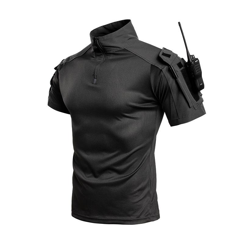 Herren taktisches Kurzarmhemd 1/4 Reißverschluss Atmungsaktiv Schnelltrocknend Camo für Airsoft Paintball Training Outdoor Jagd Wandern M schwarz