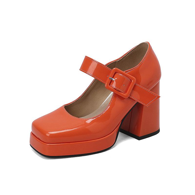 Größe 33-48 Lack-Pumps aus glänzendem PU-Leder für Damen im Büro, breiter Riemen mit Schnalle, Plateau-Mary-Jane-Schuhe, Frühling/Herbst, Blockabsatz, Pumps für Büro und Party 38 orange